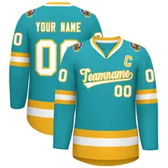 Aqua White-Gold Classic Style Hockey Jersey 1
