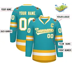 Aqua White-Gold Classic Style Hockey Jersey 2