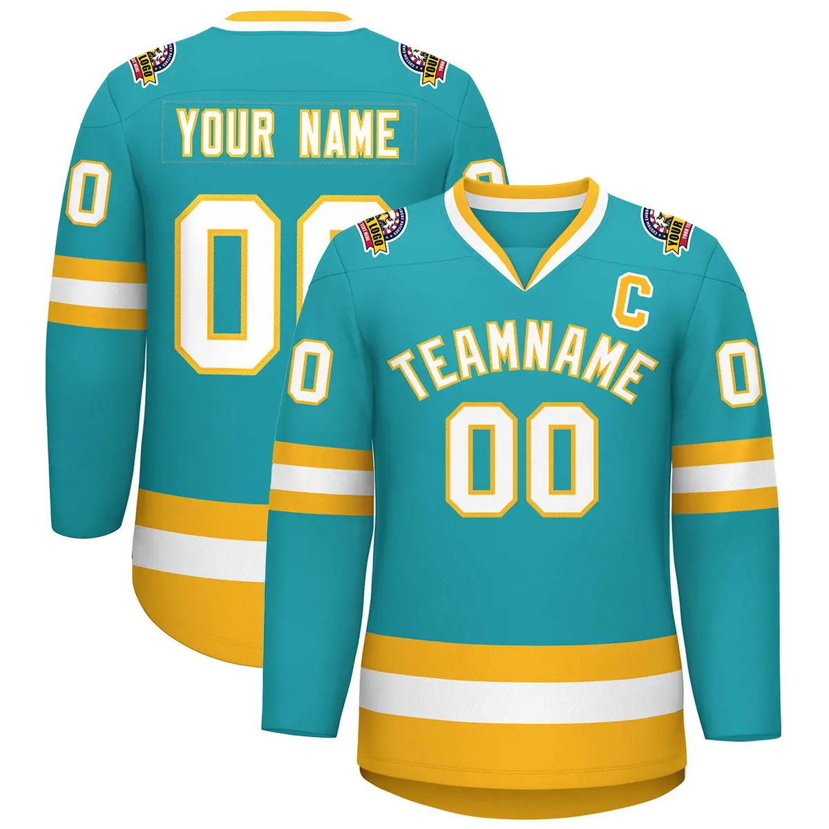 Aqua White-Gold Classic Style Hockey Jersey