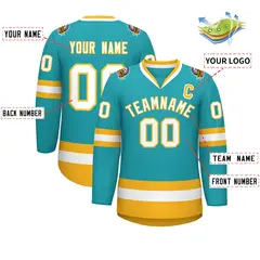 Aqua White-Gold Classic Style Hockey Jersey 2