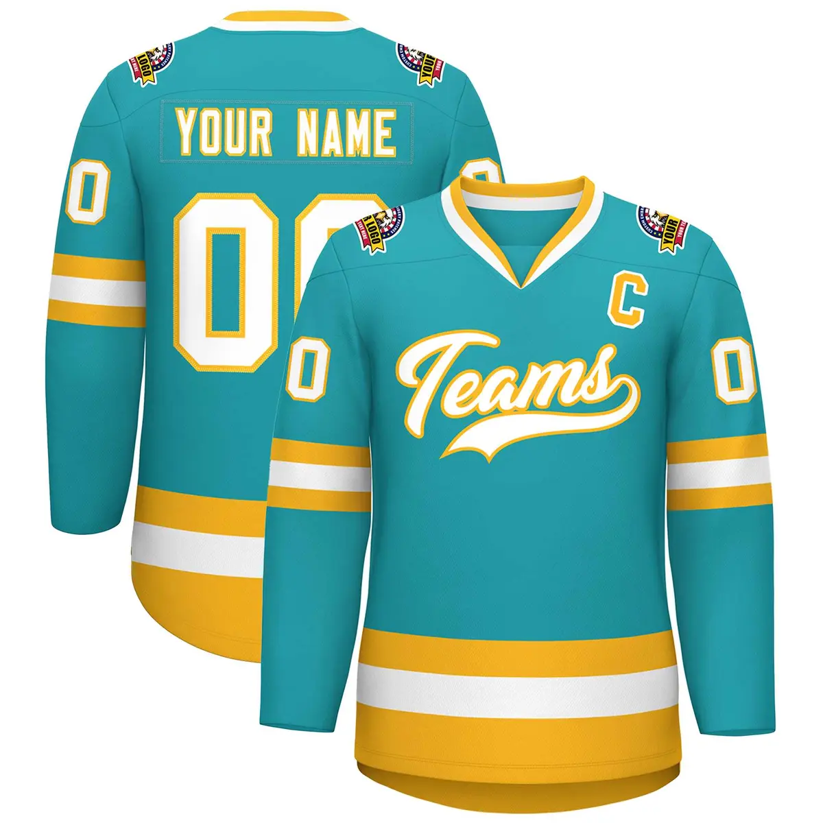 Aqua White-Gold Classic Style Hockey Jersey
