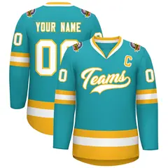 Aqua White-Gold Classic Style Hockey Jersey 1