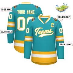 Aqua White-Gold Classic Style Hockey Jersey 2