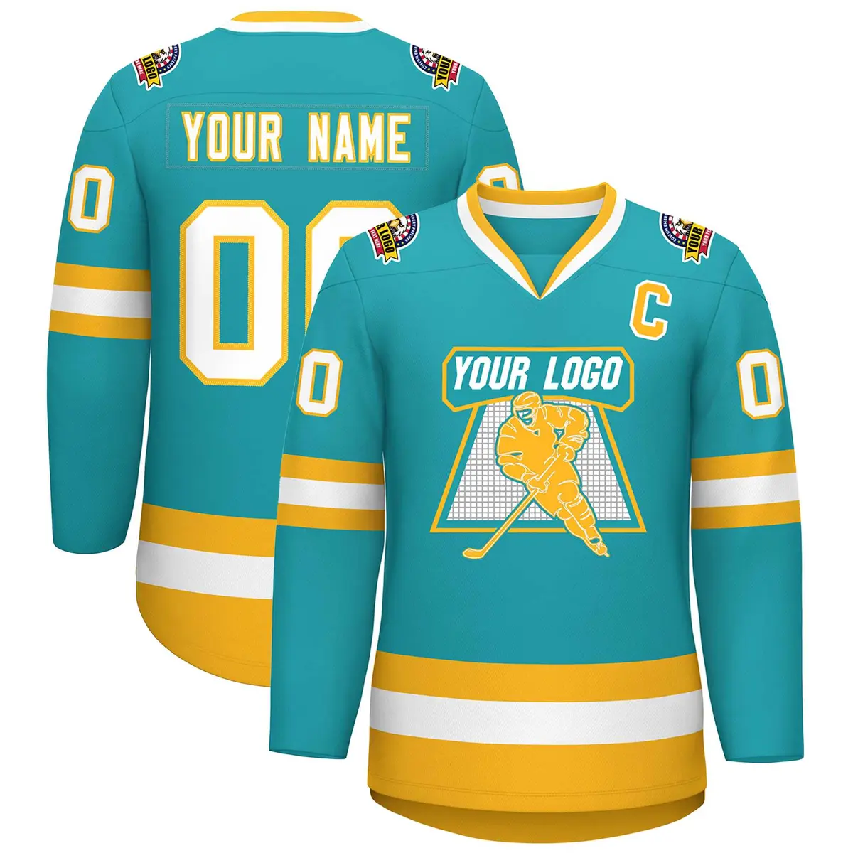 Aqua White-Gold Classic Style Hockey Jersey