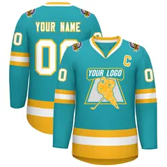 Aqua White-Gold Classic Style Hockey Jersey 1