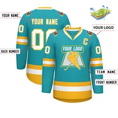 Aqua White-Gold Classic Style Hockey Jersey 2