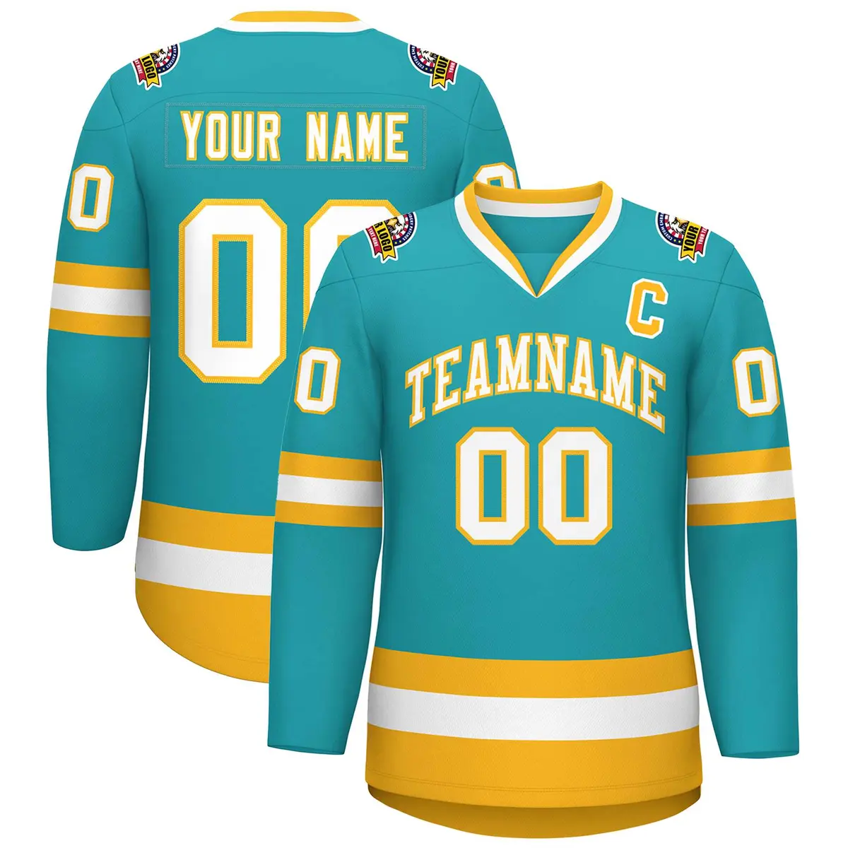 Aqua White-Gold Classic Style Hockey Jersey