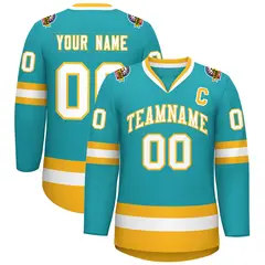 Aqua White-Gold Classic Style Hockey Jersey 1