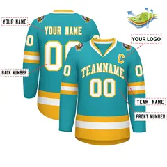 Aqua White-Gold Classic Style Hockey Jersey 2