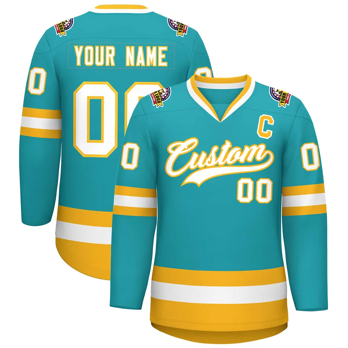 Aqua White-Gold Classic Style Hockey Jersey