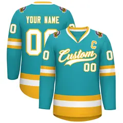 Aqua White-Gold Classic Style Hockey Jersey 1