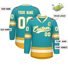 Aqua White-Gold Classic Style Hockey Jersey 2