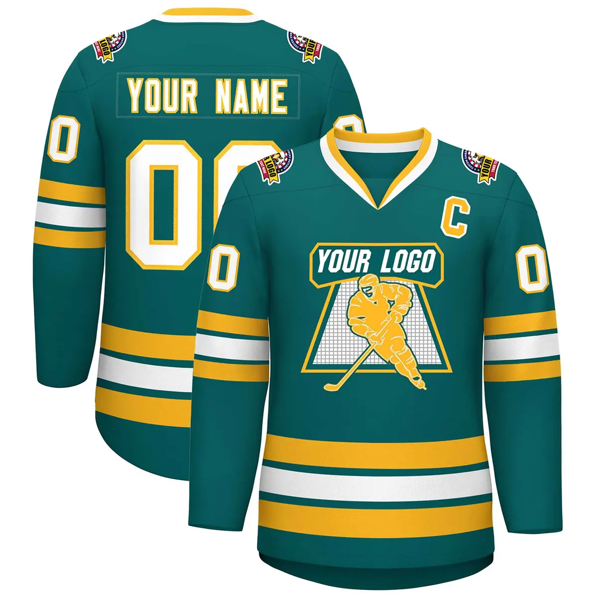 Aqua White-Gold Classic Style Hockey Jersey