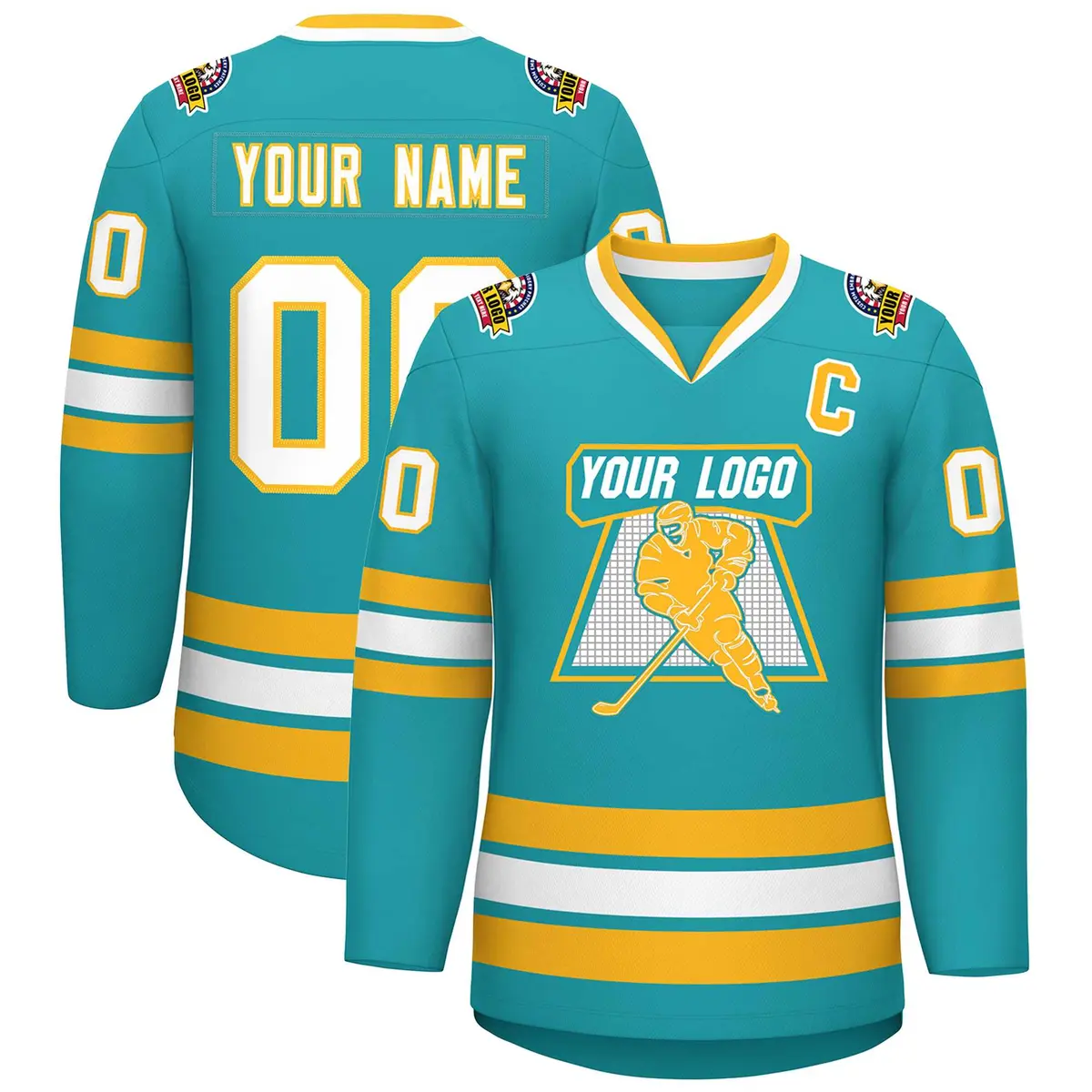 Aqua White-Gold Classic Style Hockey Jersey