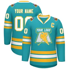 Aqua White-Gold Classic Style Hockey Jersey 1