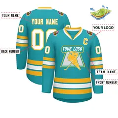 Aqua White-Gold Classic Style Hockey Jersey 2