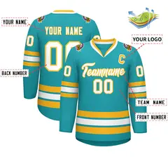 Aqua White-Gold Classic Style Hockey Jersey 2