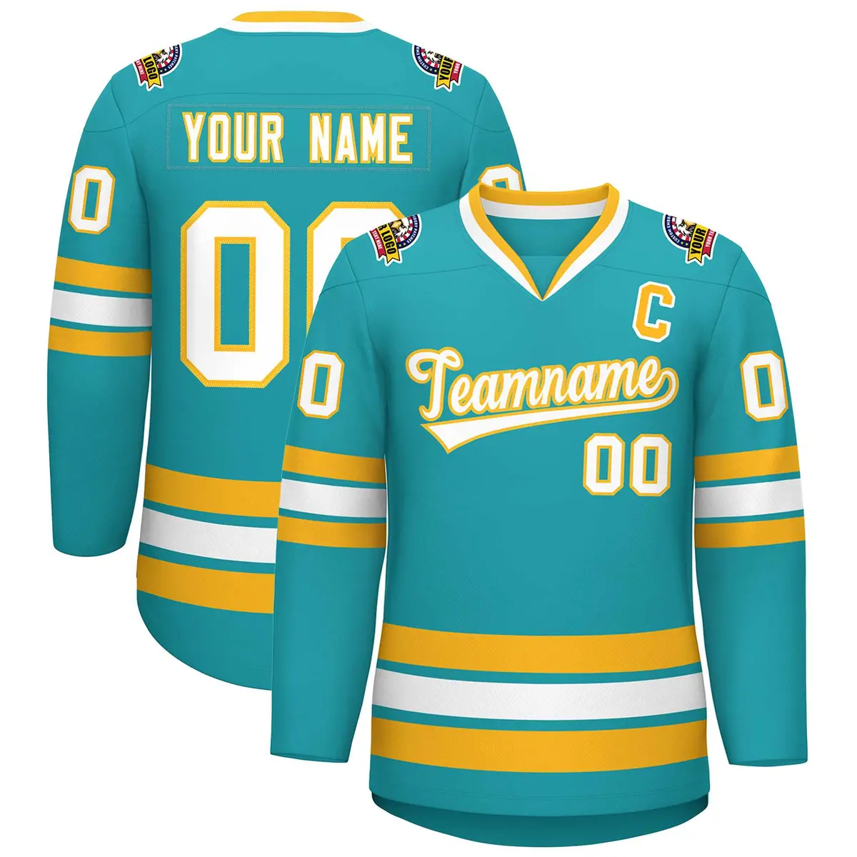 Aqua White-Gold Classic Style Hockey Jersey