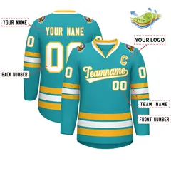Aqua White-Gold Classic Style Hockey Jersey 2