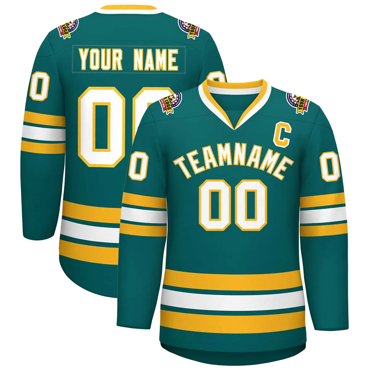 Aqua White-Gold Classic Style Hockey Jersey