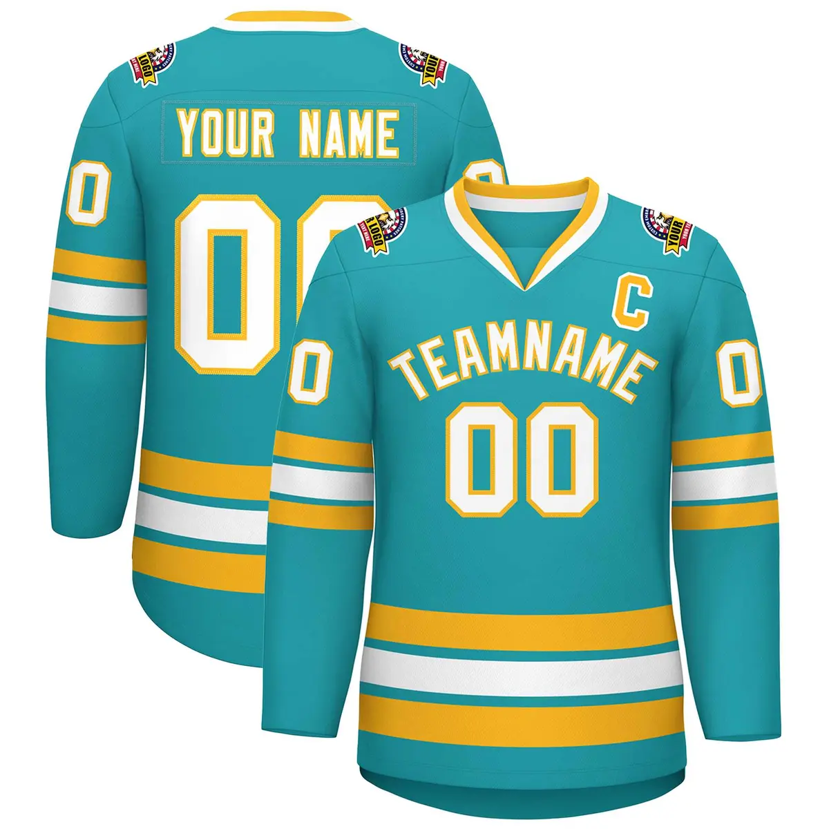 Aqua White-Gold Classic Style Hockey Jersey