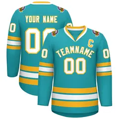 Aqua White-Gold Classic Style Hockey Jersey 1