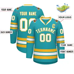 Aqua White-Gold Classic Style Hockey Jersey 2