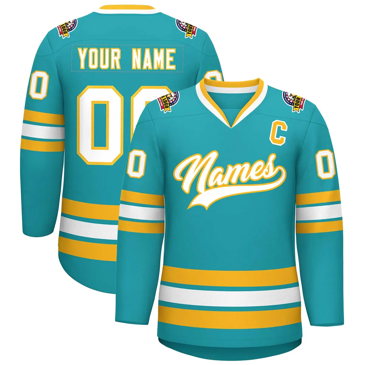 Aqua White-Gold Classic Style Hockey Jersey