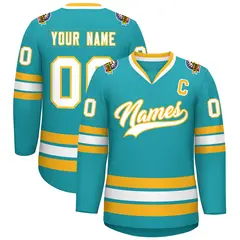 Aqua White-Gold Classic Style Hockey Jersey 1