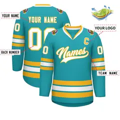 Aqua White-Gold Classic Style Hockey Jersey 2