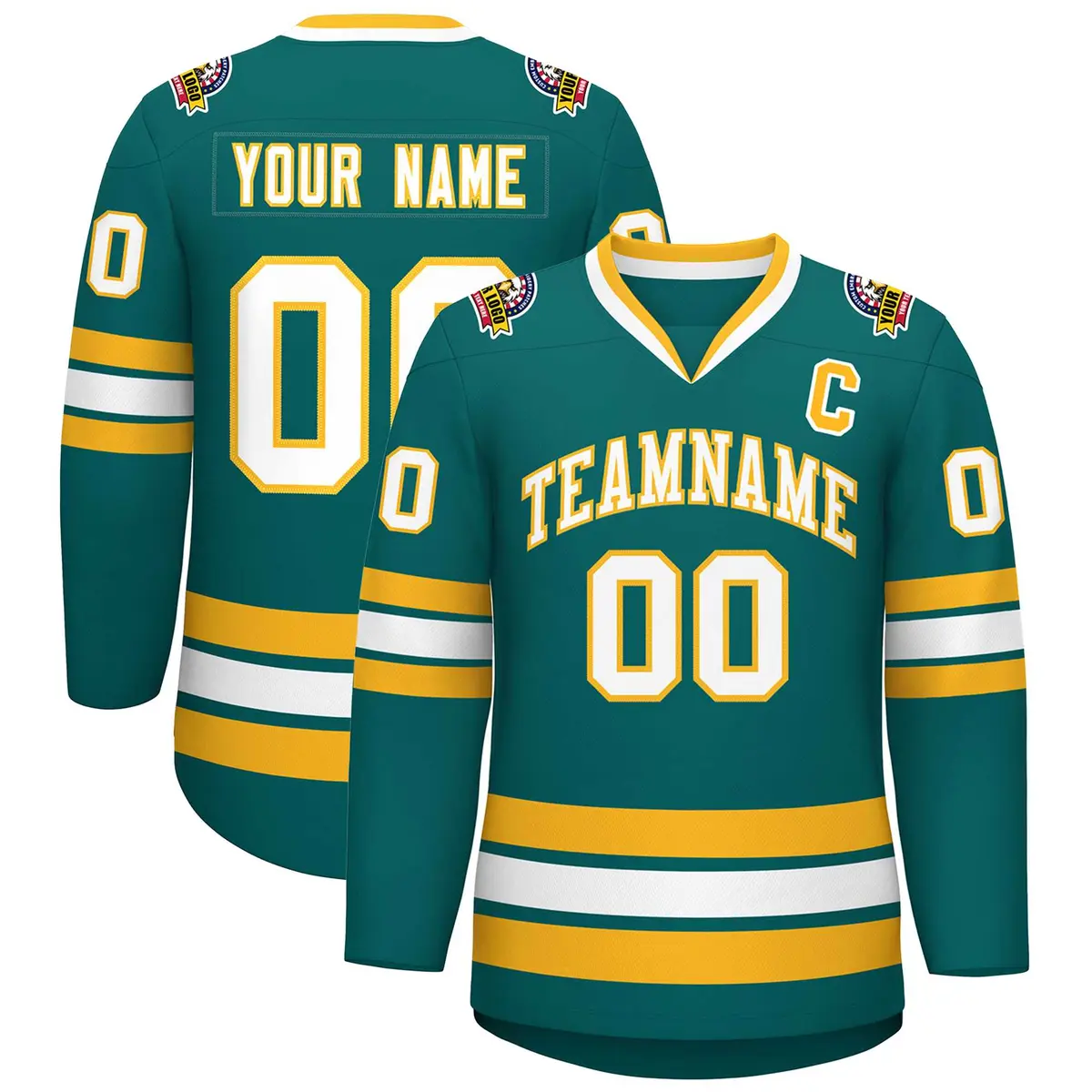 Aqua White-Gold Classic Style Hockey Jersey
