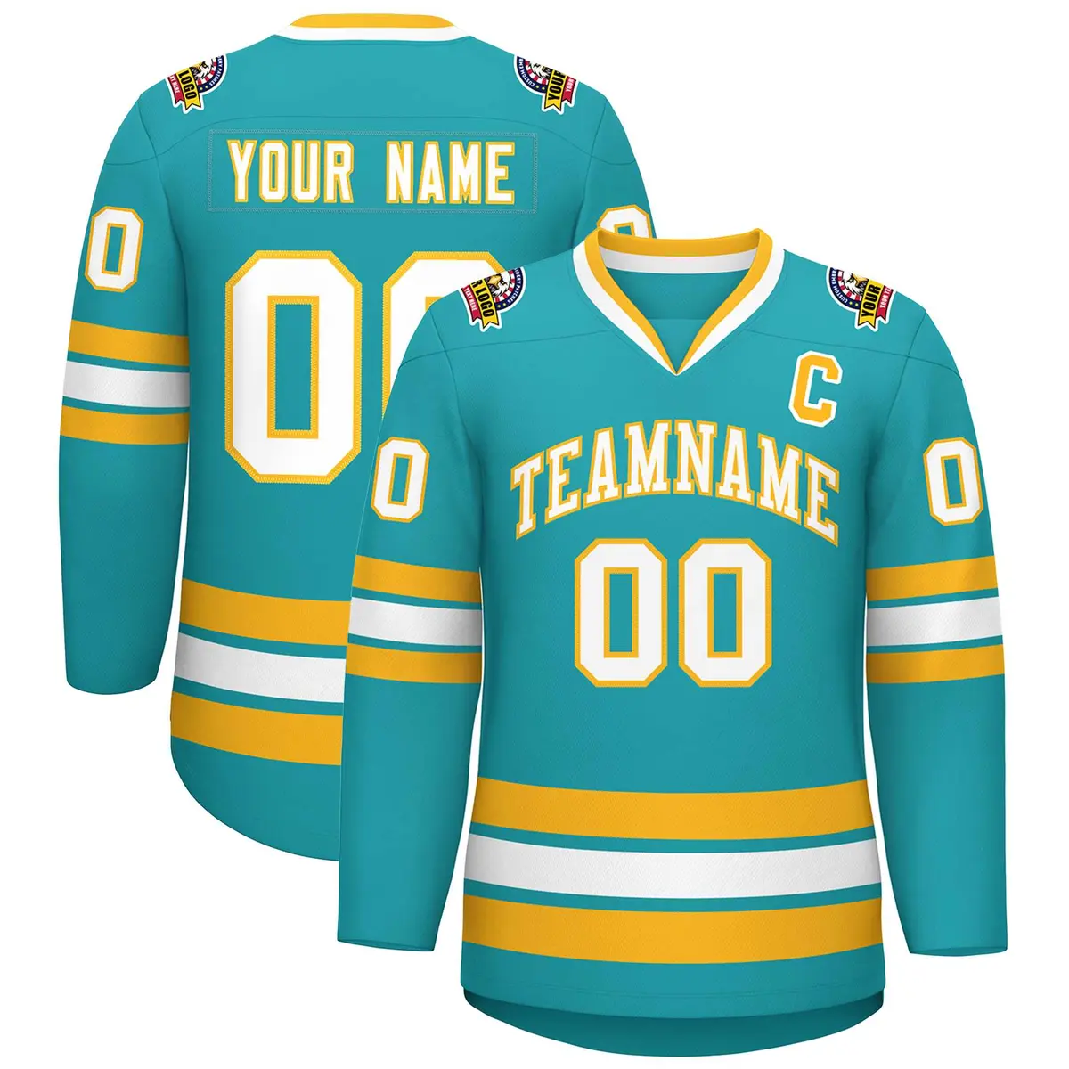 Aqua White-Gold Classic Style Hockey Jersey