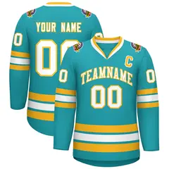 Aqua White-Gold Classic Style Hockey Jersey 1