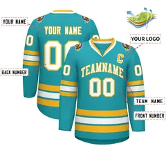 Aqua White-Gold Classic Style Hockey Jersey 2