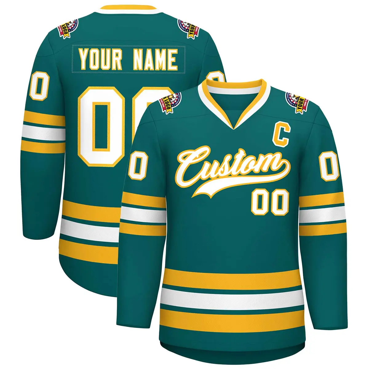 Aqua White-Gold Classic Style Hockey Jersey