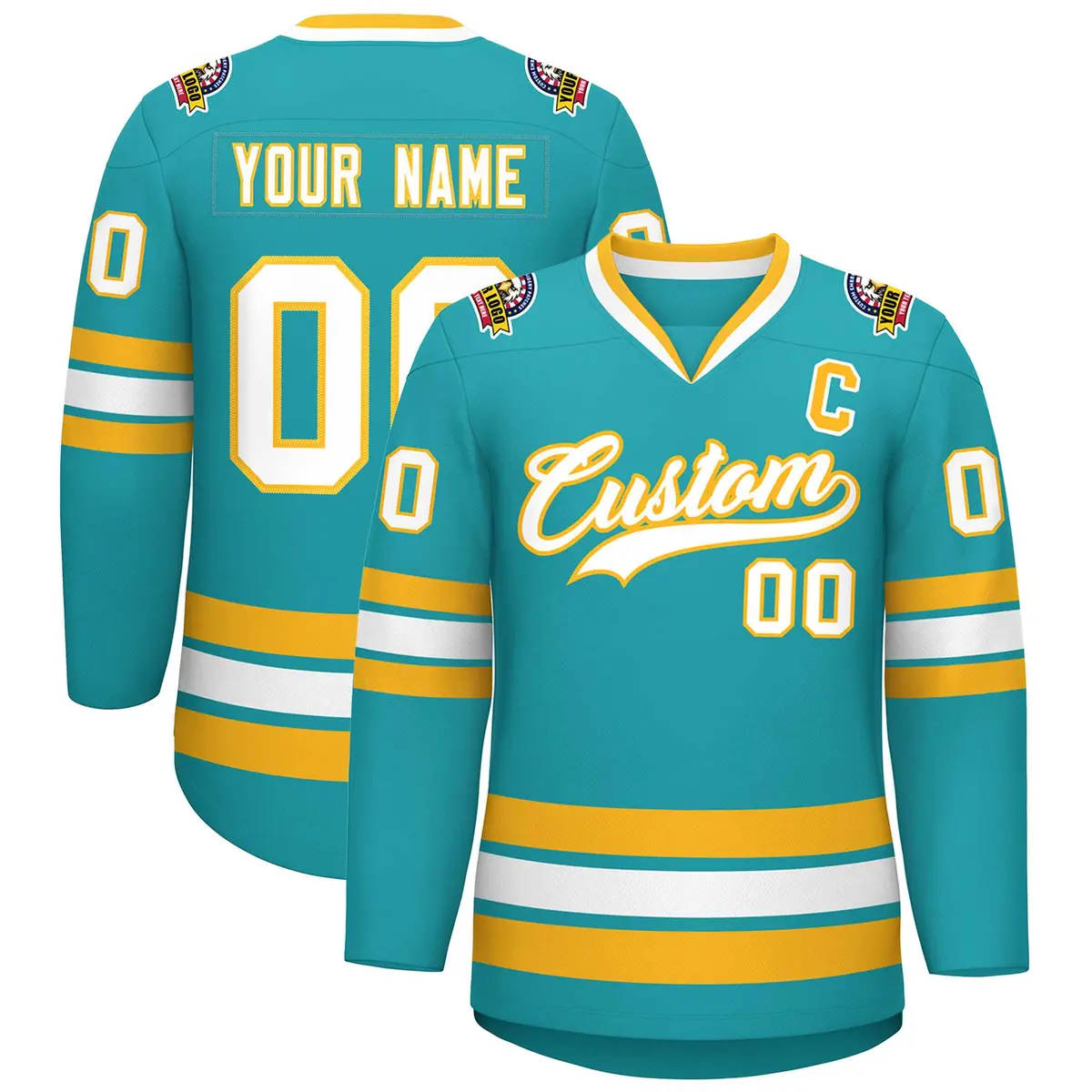 Aqua White-Gold Classic Style Hockey Jersey