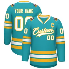 Aqua White-Gold Classic Style Hockey Jersey 1