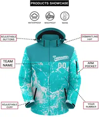 Aqua White Graffiti Pattern Hooded Waterproof Outdoor Jacket 2