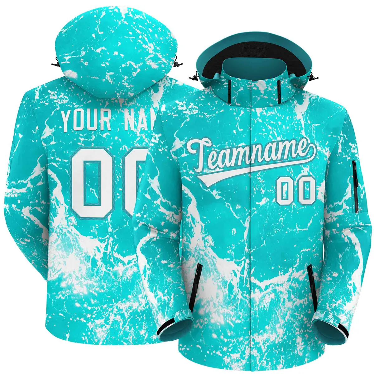 Aqua White Graffiti Pattern Hooded Waterproof Outdoor Jacket