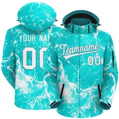 Aqua White Graffiti Pattern Hooded Waterproof Outdoor Jacket
