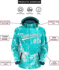 Aqua White Graffiti Pattern Hooded Waterproof Outdoor Jacket 2