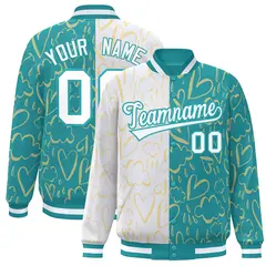 Aqua White Graffiti Pattern Split Letterman Bomber Jacket