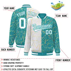 Aqua White Graffiti Pattern Split Letterman Bomber Jacket 2