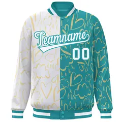 Aqua White Graffiti Pattern Split Letterman Bomber Jacket 3