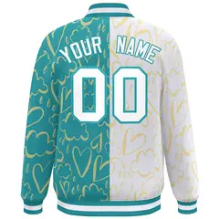 Aqua White Graffiti Pattern Split Letterman Bomber Jacket 4