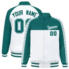 Aqua White K-Ribbon Raglan Color Block Full-Snap Letterman Jacket