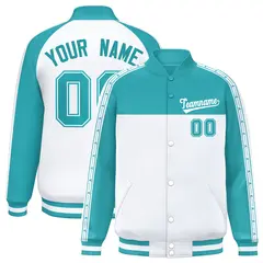 Aqua White K-Ribbon Raglan Color Block Full-Snap Letterman Jacket 1