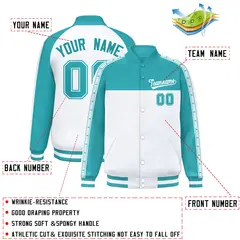 Aqua White K-Ribbon Raglan Color Block Full-Snap Letterman Jacket 2