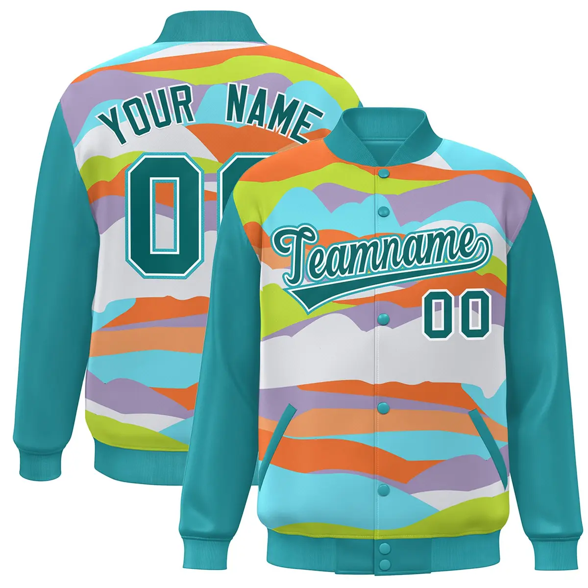 Aqua White Multi Clouds Graffiti Varsity Full-Snap Jacket