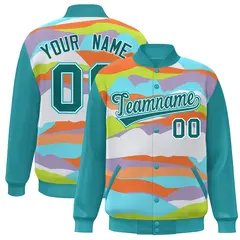 Aqua White Multi Clouds Graffiti Varsity Full-Snap Jacket